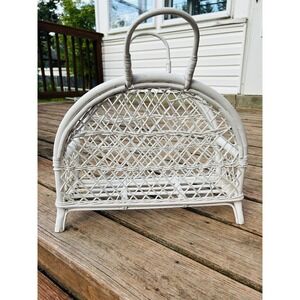 Vintage French Country White Wicker  Magazine Rack